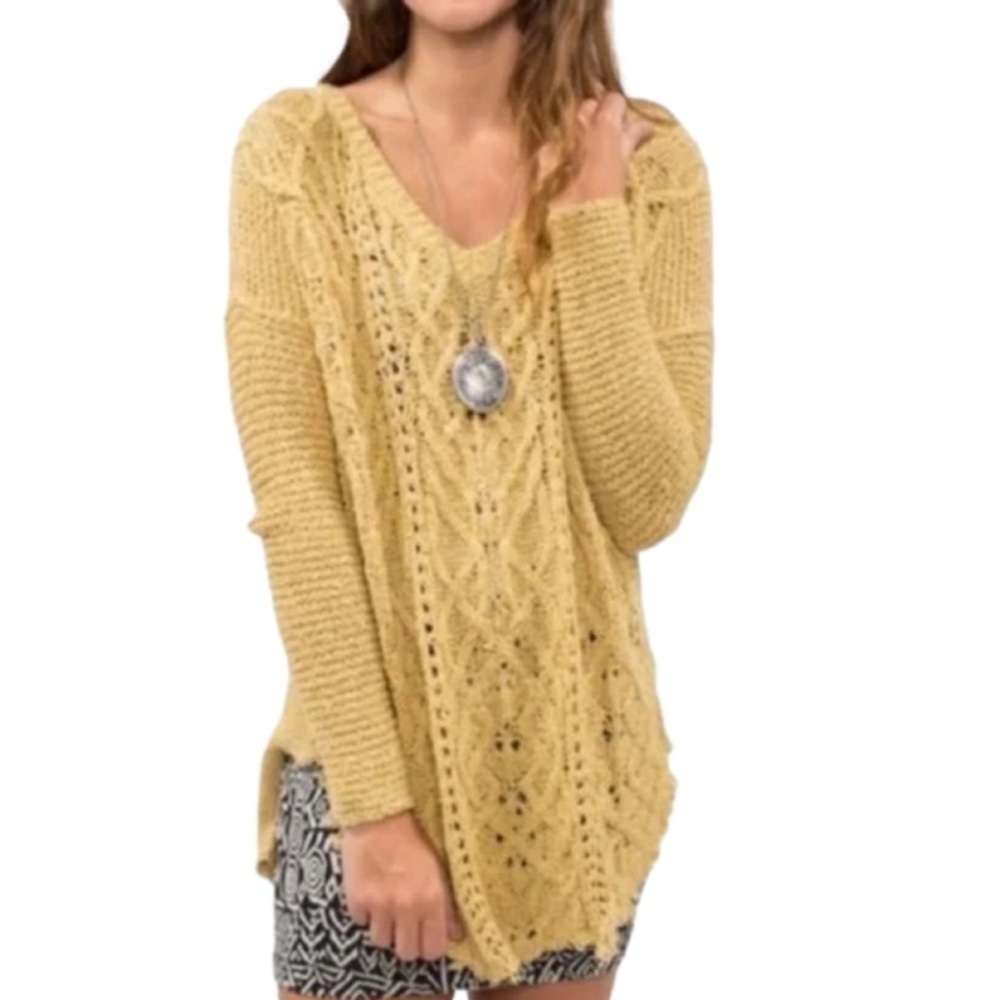 FREE PEOPLE Cross My Heart Sweater V-Neck Oversized Gold/Yellow Women Size L